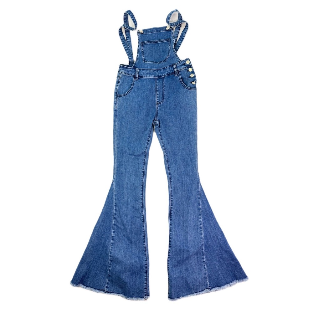 Wisteria Lane Womens Medium Wash Bell Bottom Denim Overalls Flare Jeans Small